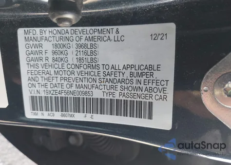 2022 Honda Insight Ex z USA, uszkodzony, nr VIN 19XZE4F56NE009853